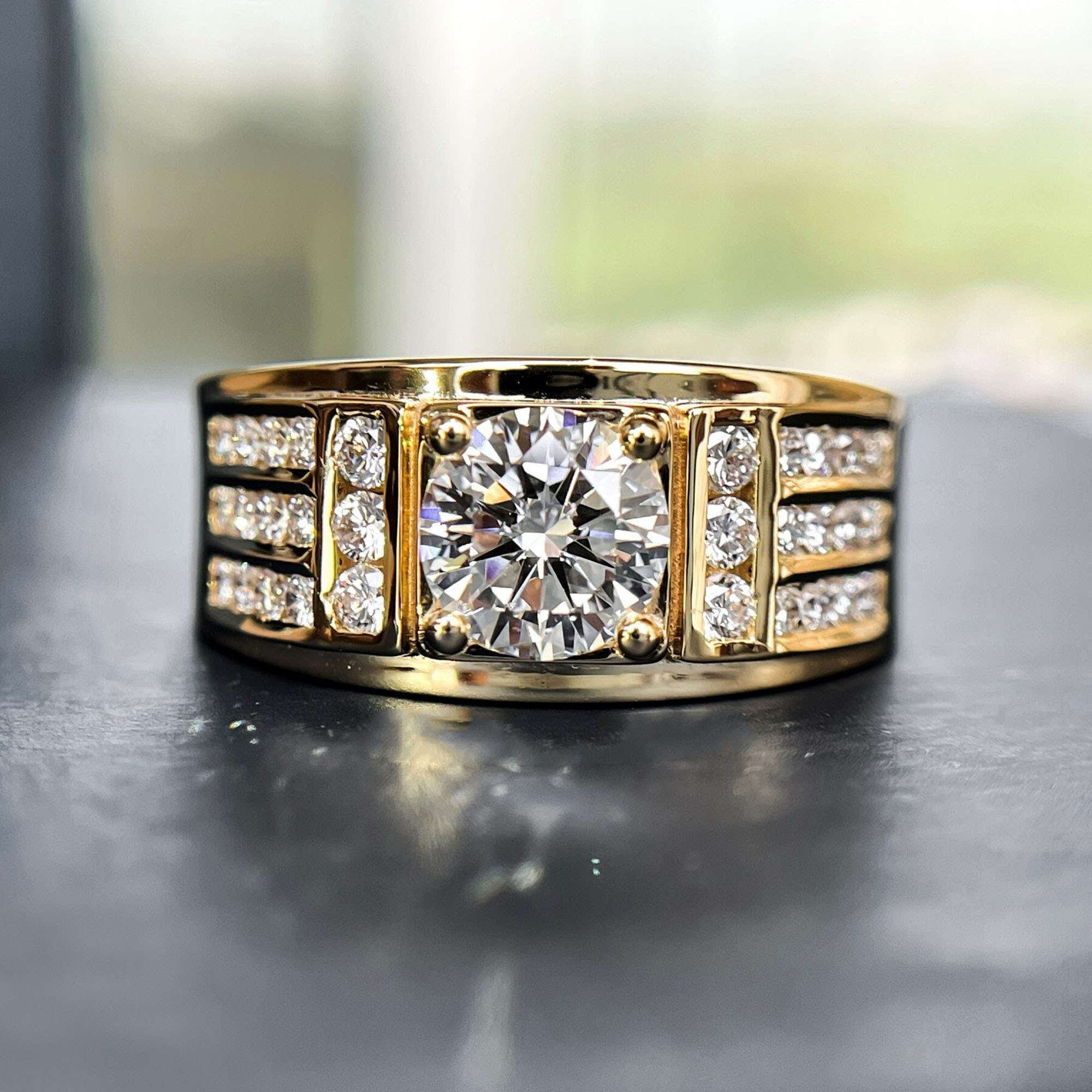 Men's 5ct Round Cut White Sapphire Three Row Pave Ring