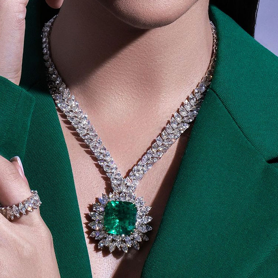 Multi-Cut Emerald Sapphire Pendant Necklace