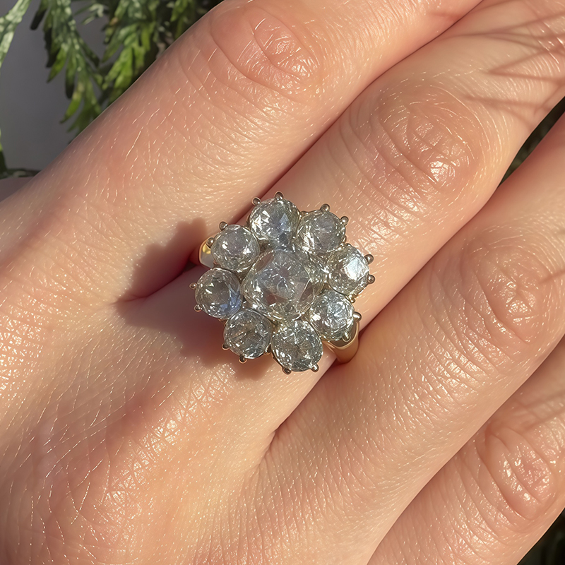 Vintage Cluster White Sapphire Cushion Cut Floral Engagement Ring