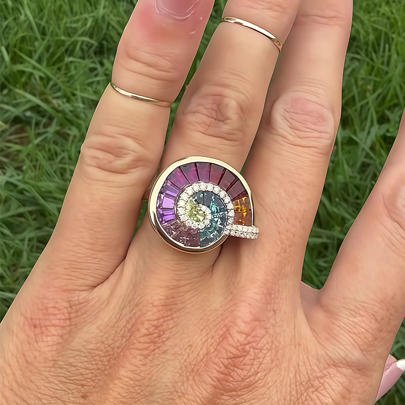 Ammonite Motif Rainbow Sapphire Baguette Cut Statement Band for Men / Women