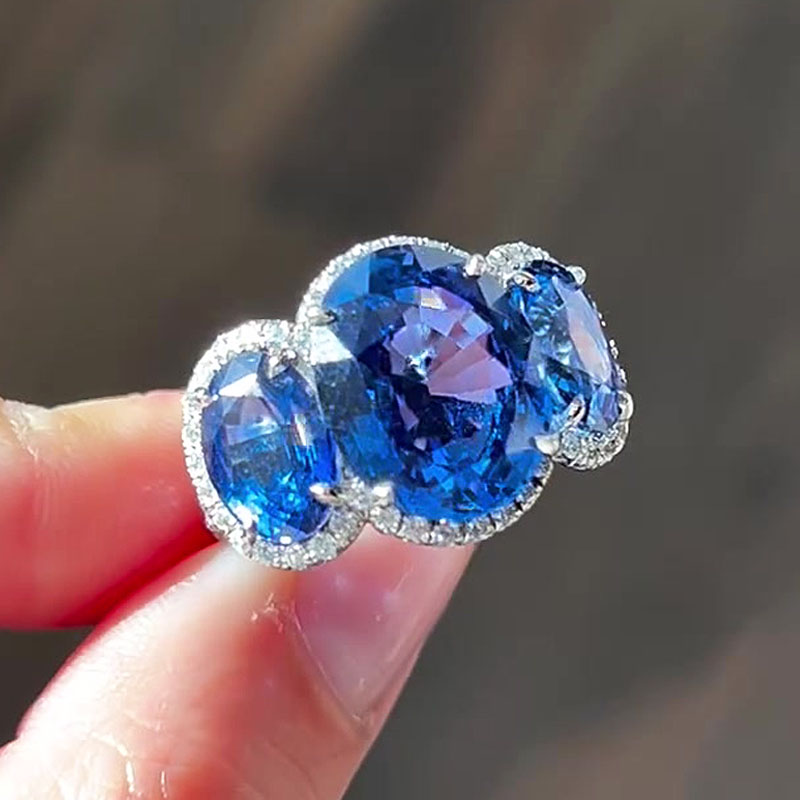 Fashion 7ct Three-stone Oval Cut Blue Sapphire Engagement Ring