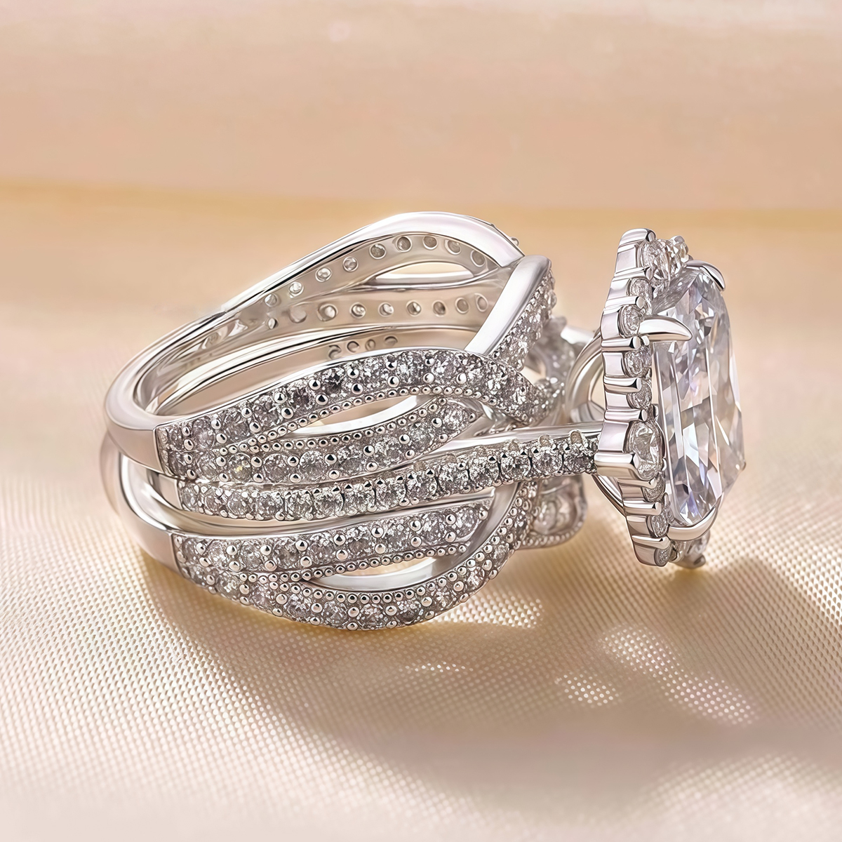 Radiant Cut Ring With Halo Diamond Matching Double Twisted Pave Set Wrap Enhancer Band / 2pcs