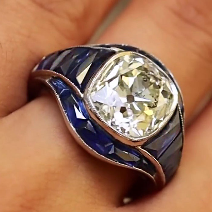 6.57ct Art Deco Cushion Cut Blue Sapphire Engagement Ring