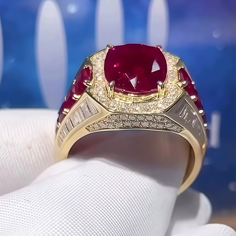 Cushion Cut Ruby & Multi-Cut White Sapphire Men's Ring