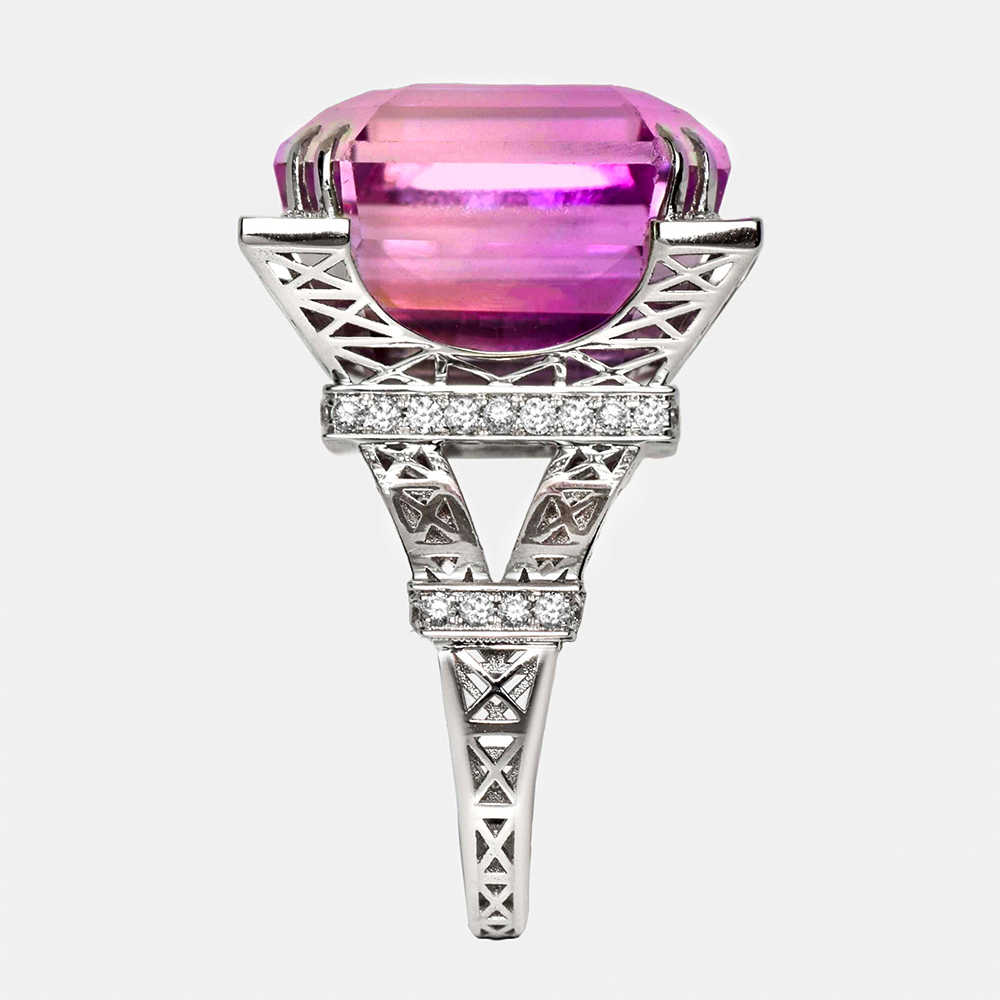 Eiffel Tower Design 18ct Emerald Cut Kunzite Sapphire Cocktail Ring