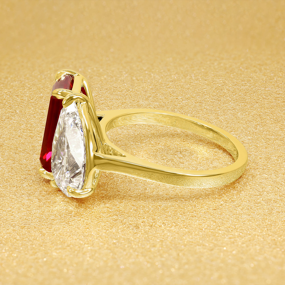 Toi et Moi 3ct Emerald&Pear Cut Ruby&White Sapphire Engagement Ring