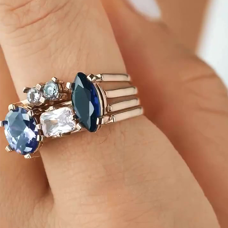 Blue Sapphire Oval, Radiant, Marquise & Round Cut Engagement Ring Set / 4-Piece