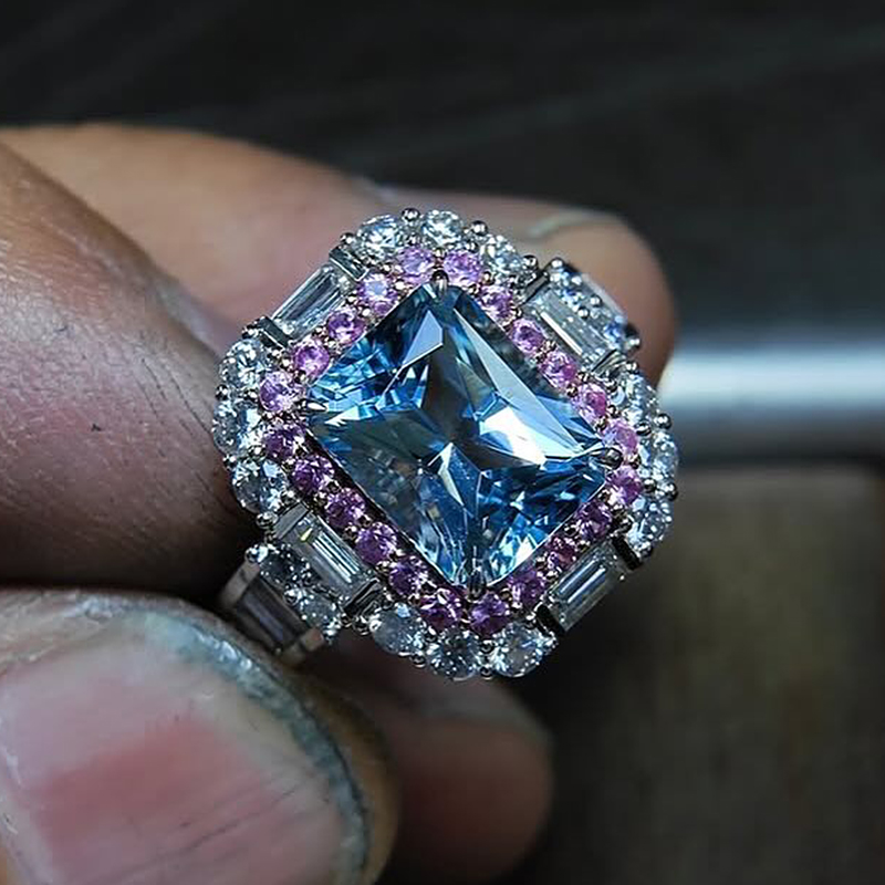 Double Halo 6ct Radiant Cut Light Blue Sapphire Engagement Ring