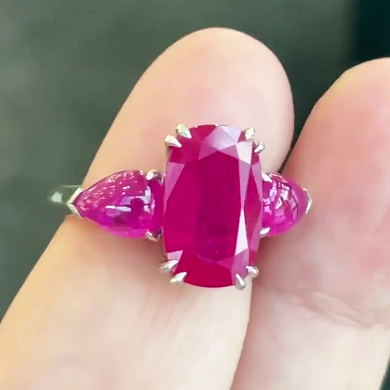 6ct Three Stone Elongated Cushion Cut Ruby Sapphire Engagement Ring