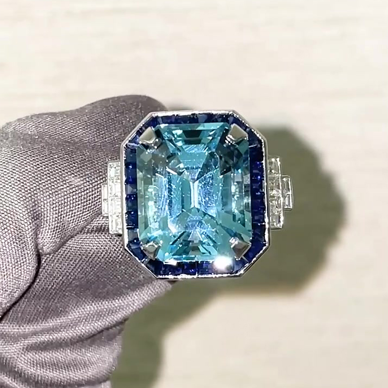 5ct Emerald Cut Aquamarine & Sapphire Cocktail Ring