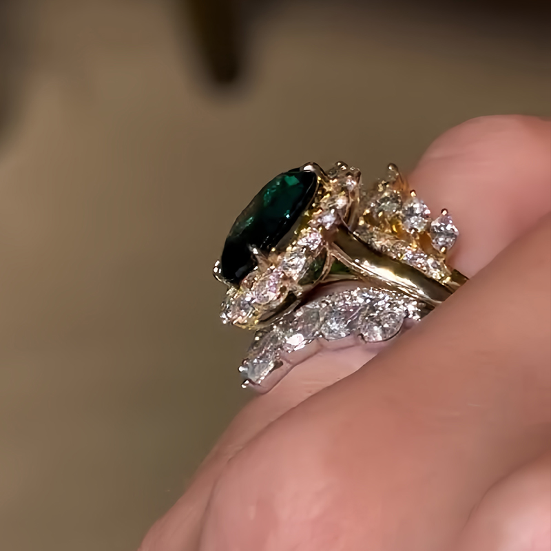 Halo 4ct Oval Cut Emerald Sapphire Wedding Set/3pcs