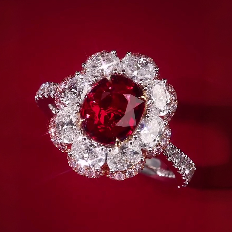Romantic Floral 3ct Oval Cut Vivid Red Ruby & White Sapphire Statement Ring