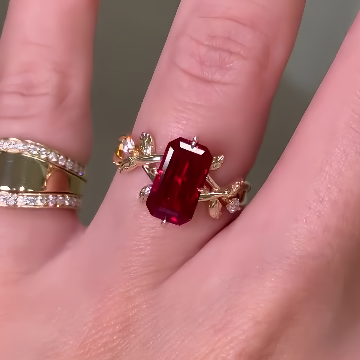 3ct Emerald Cut Ruby Sapphire Vine Engagement Ring