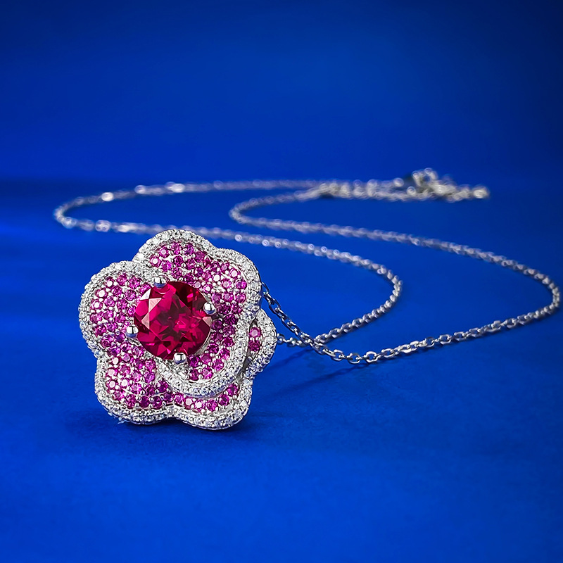 Fashion Rose Design Round Cut Garnet Sapphire Necklace