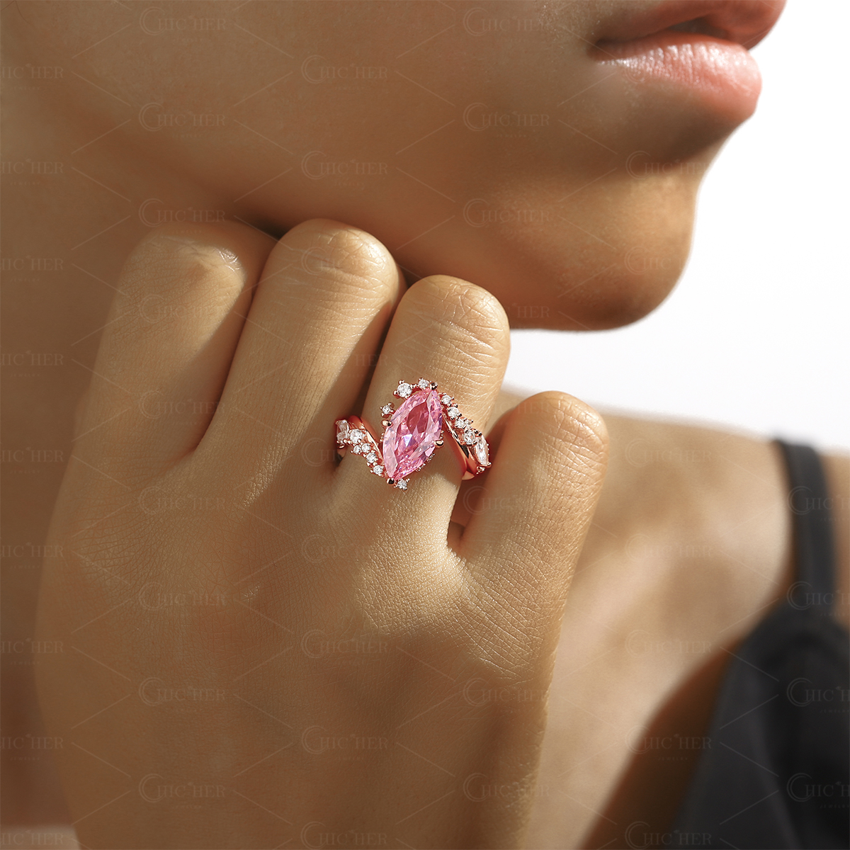 Bypass Design 3ct Marquise Cut Fancy Pink Sapphire Engagement Ring