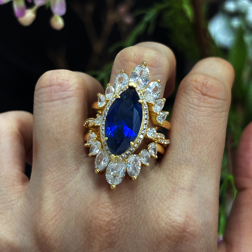 Halo 6ct Marquise Cut Blue Sapphire Wedding Set/3pcs