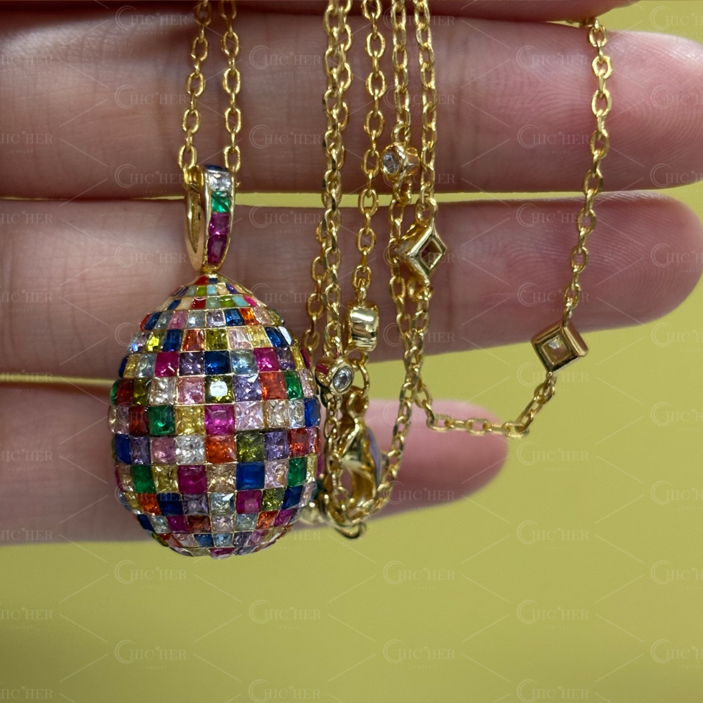 Invisible Setting Princess Cut Rainbow Egg Pendant Necklace
