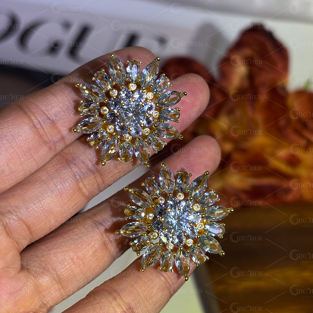 Sun Flower Aquamarine Sapphire Stud Earrings