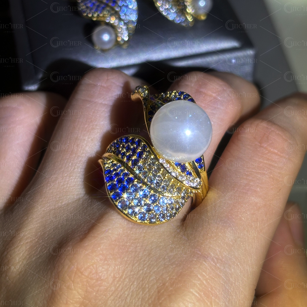 Leaf Design White Pearl&Gradient Sapphire Earrings&Ring Jewelry Set