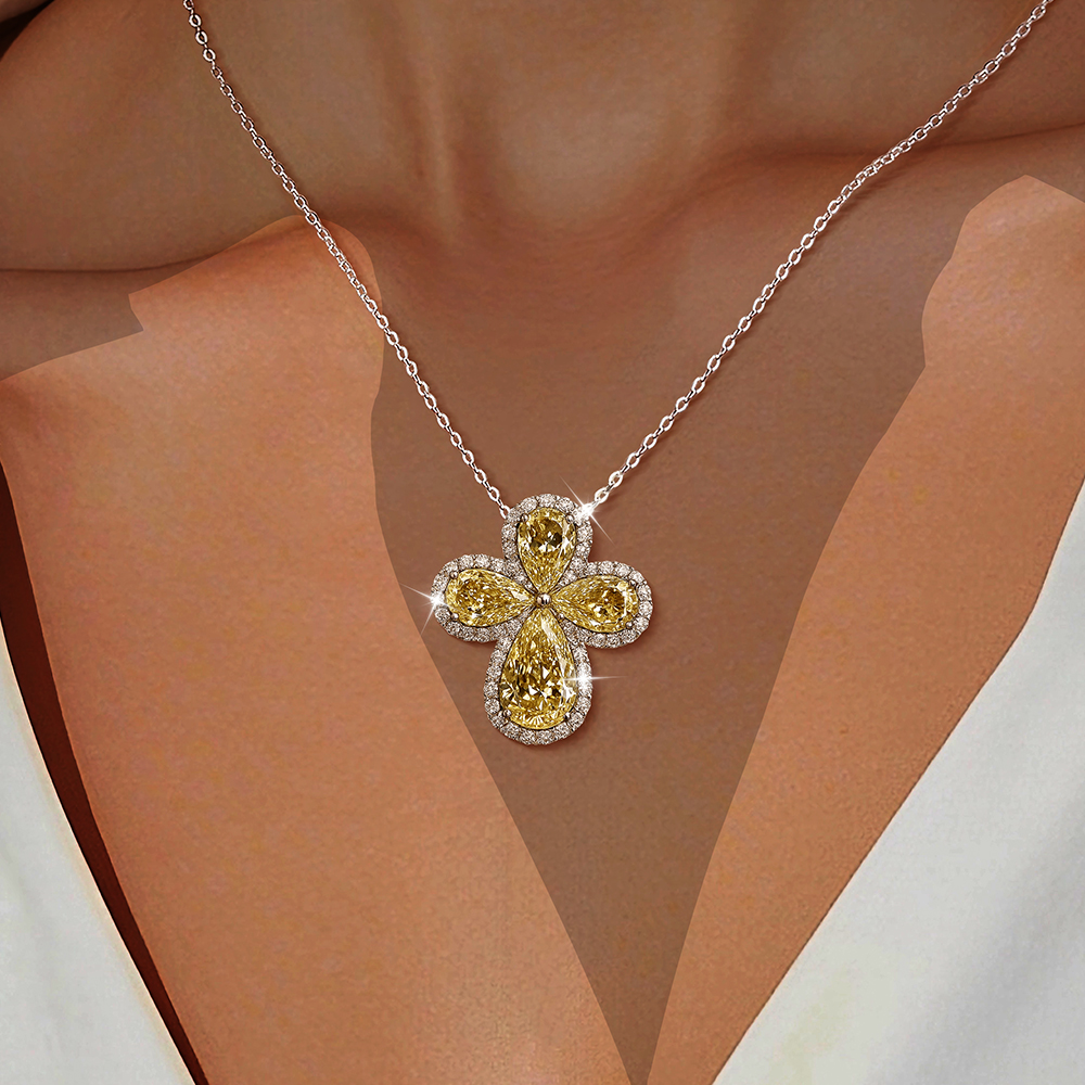 Classic Two-tone Clover Flower Yellow Sapphire Pendant Necklace