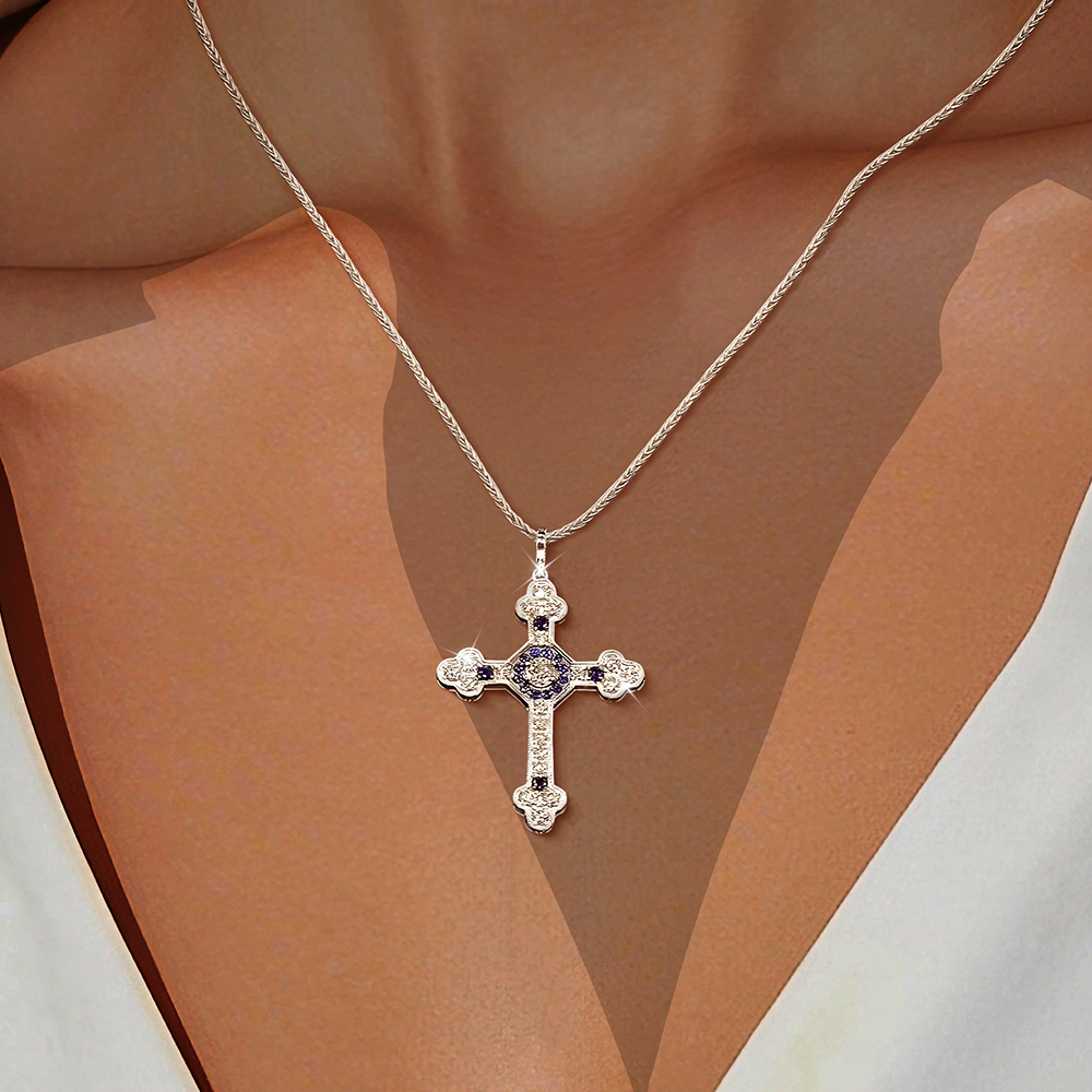 Unique Two-tone Lab-created Sapphire Cross Pendant Necklace