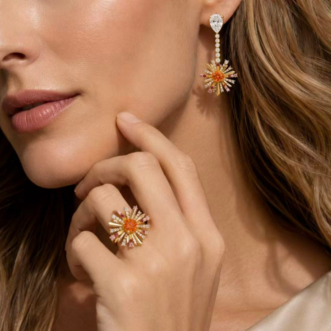 Original Design - Round Cut Orange Sapphire Dangle Earrings