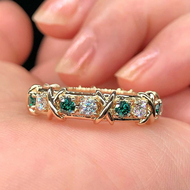 Luxury 16-Stone Emerald Sapphire Eternity Ring For Ladies