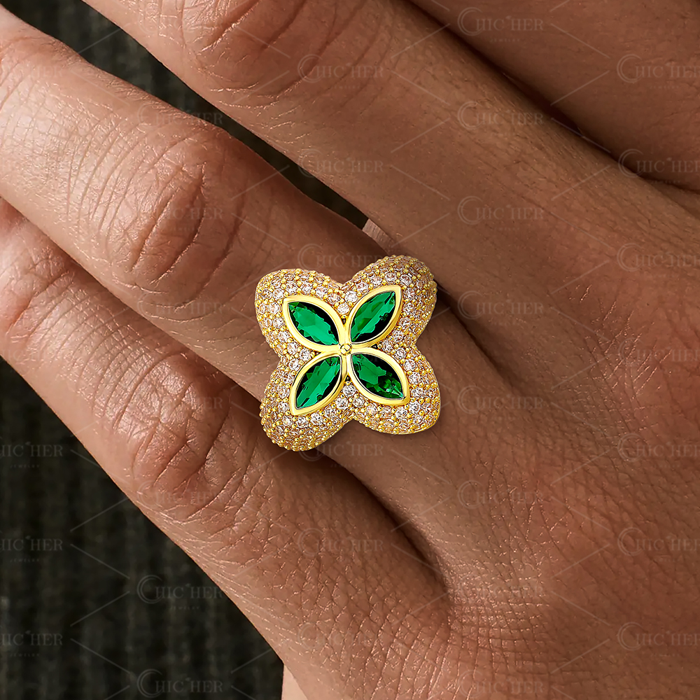 4.5ct Micro Pave Emerald Four-Leaf Clover Men's Ring