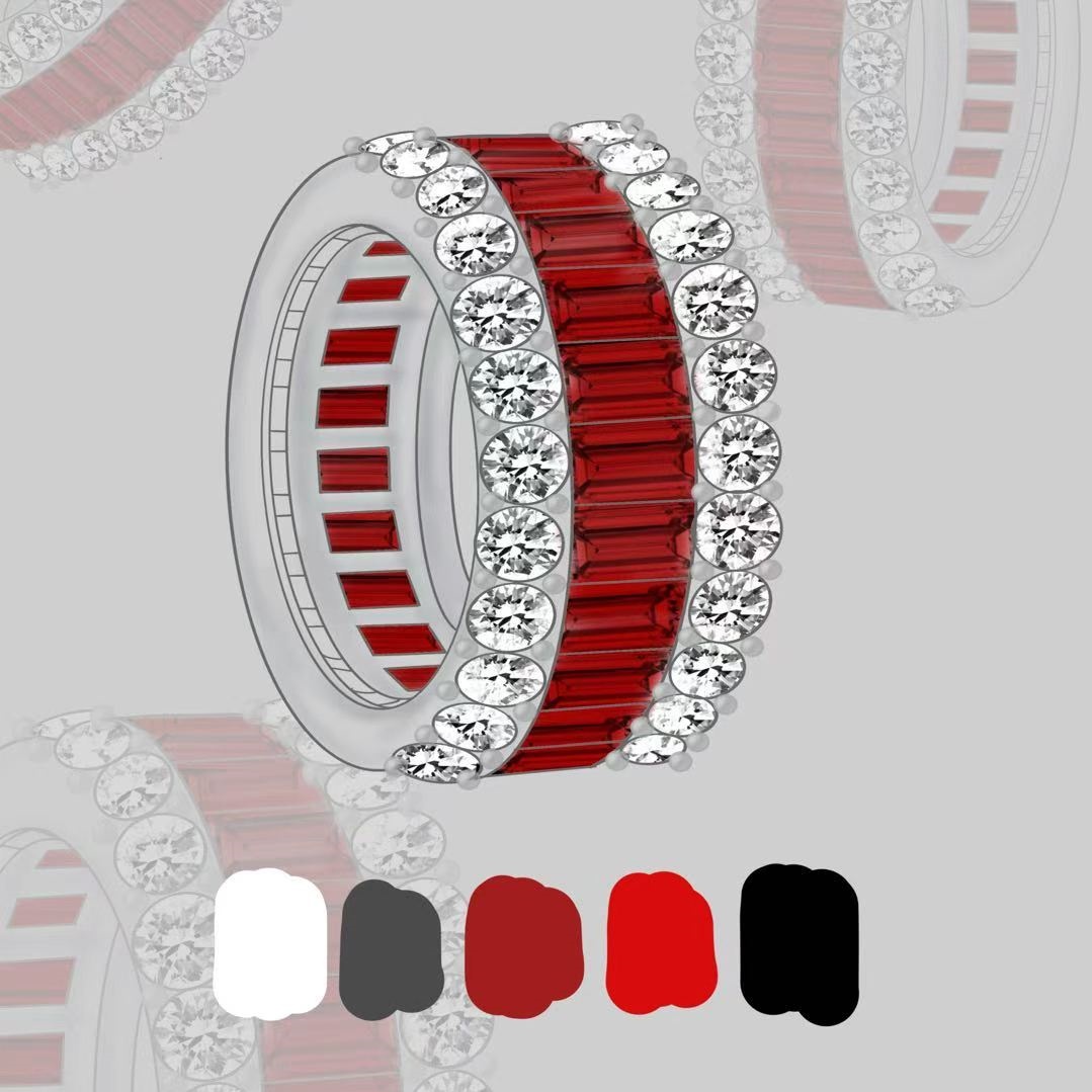 7.35ct Emerald Cut Ruby / Emerald Sapphire Wedding Band (2 Color Options)