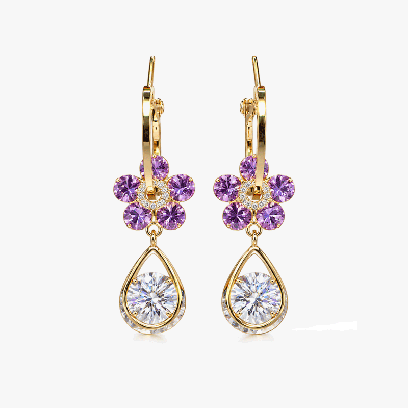 Round Cut Violet & White Sapphire Flower Shaped Dangle Earrings - 1 Pair