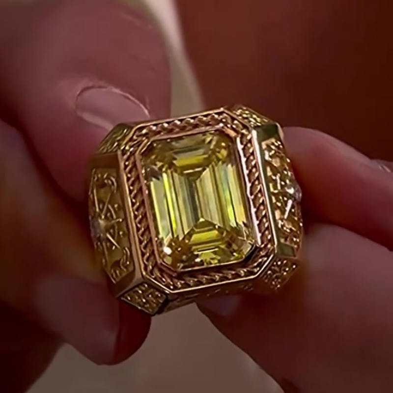4ct Emerald Cut Yellow Sapphire Two-Tone Gold Vintage Engraved Men's Ring