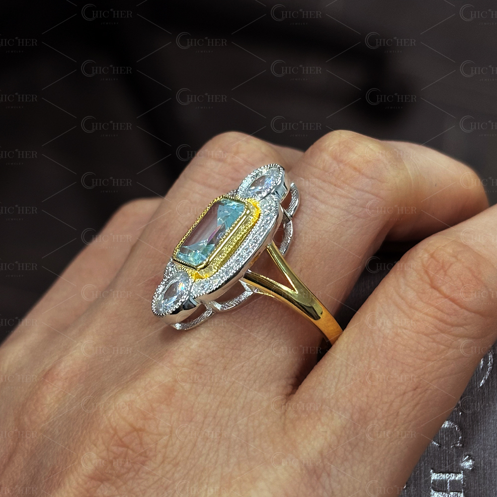 4ct Art Deco Design Emerald Cut Aquamarine Ring
