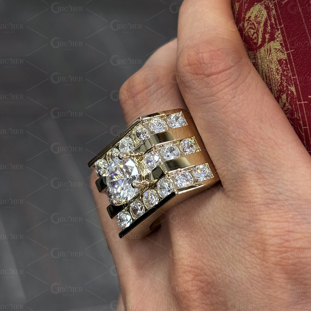 3ct Round Cut Men's Wide Band in Gold