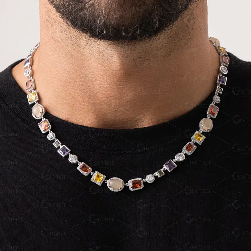 Mulit-Cut Opal&Rainbow Sapphire Men Necklace