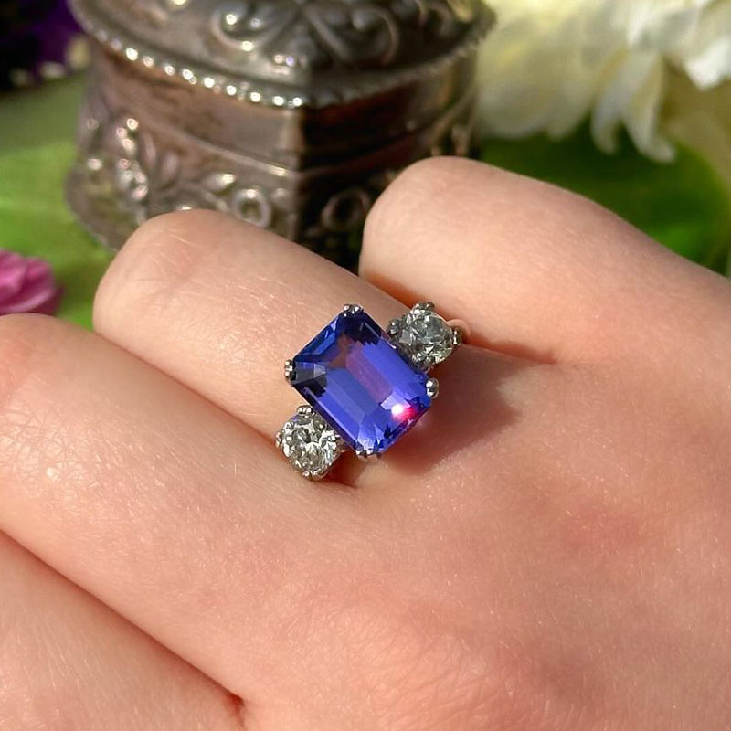 4ct Three-stone  Emerald Cut Blue Sapphire Ring