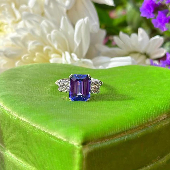 4ct Three-stone  Emerald Cut Blue Sapphire Ring