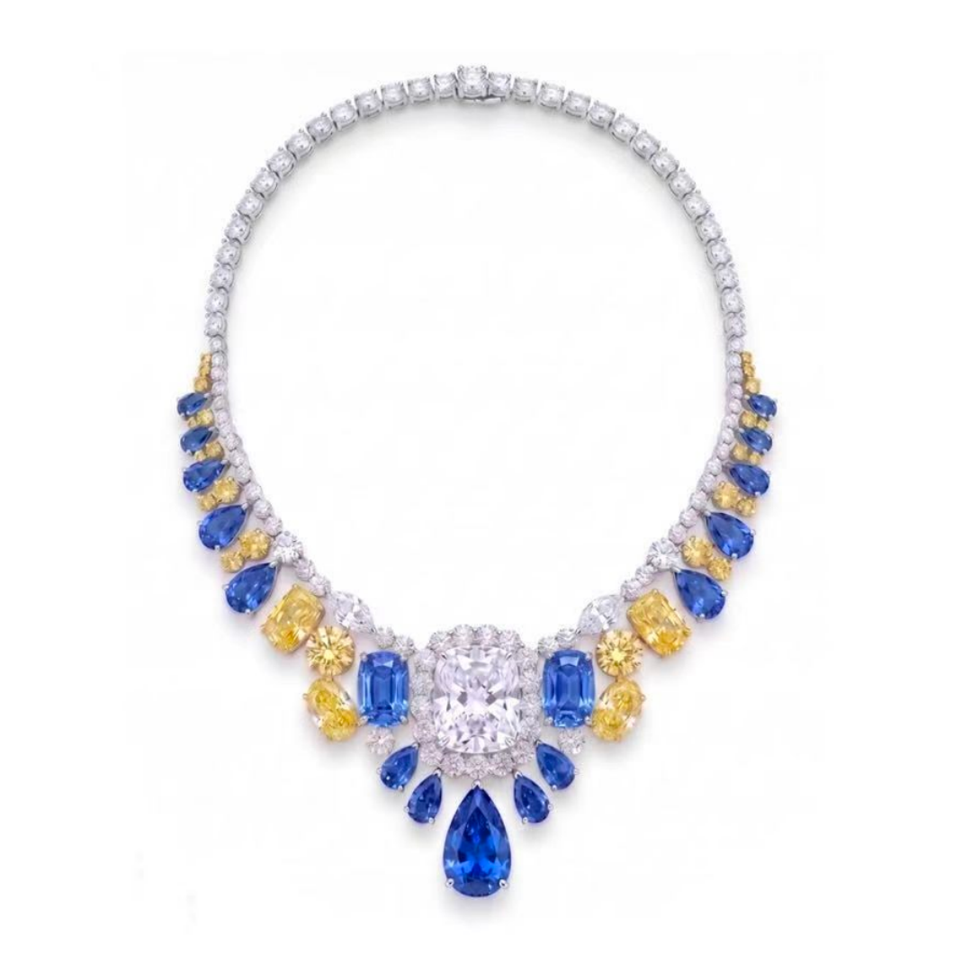 Original Design - Cushion Cut White Moissanite & Colors Sapphire Necklace