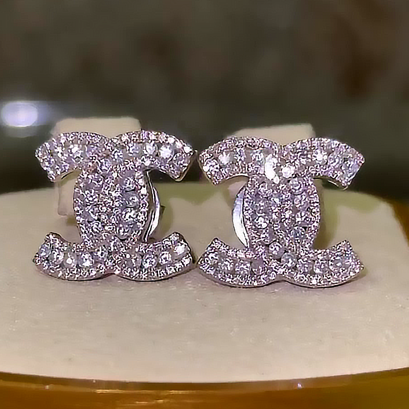 Double C Design White Diamond Micro Pave Stud Earrings