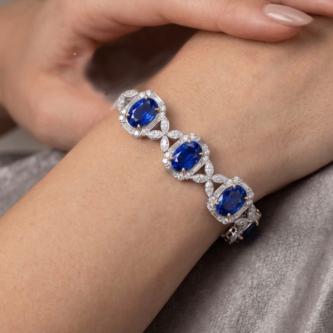 Original Design -2ct Oval Cut Blue Sapphire & White Moissanite Bracelet