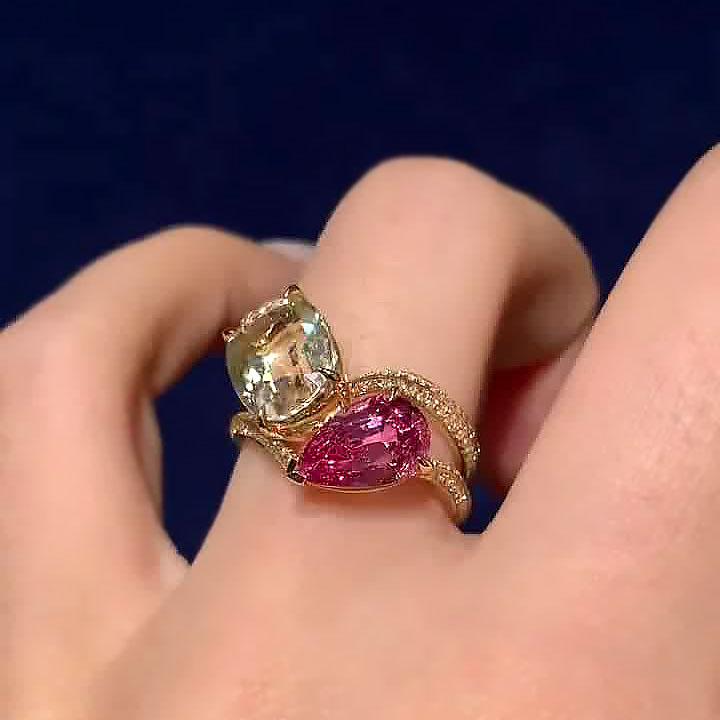 7ct Pear&Cushion Cut Pink&Yellow Sapphire Engagement Ring/2pcs