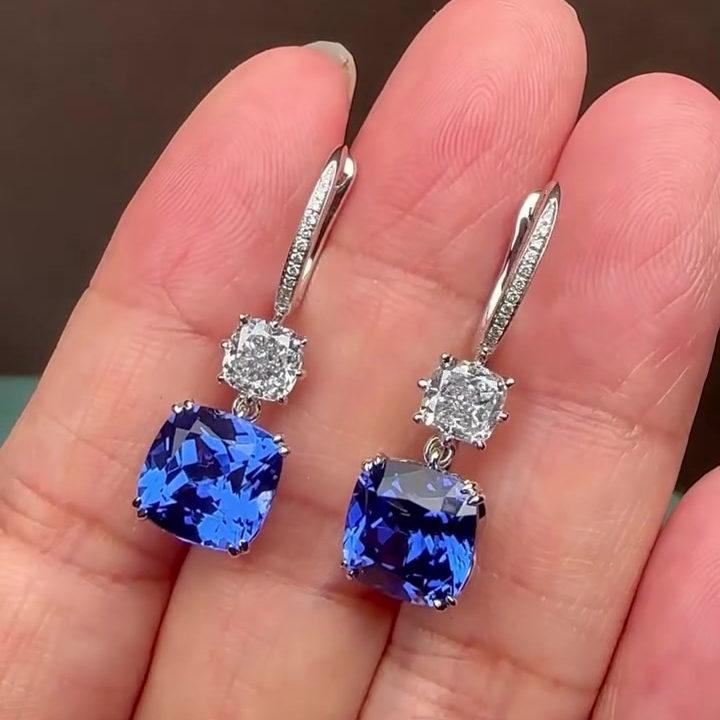 Cushion Cut Blue Sapphire Huggie Drop Earrings