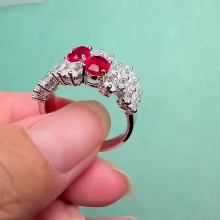 Oval Cut Ruby Sapphire & Baguette Cut White Sapphire Two-Stone Band