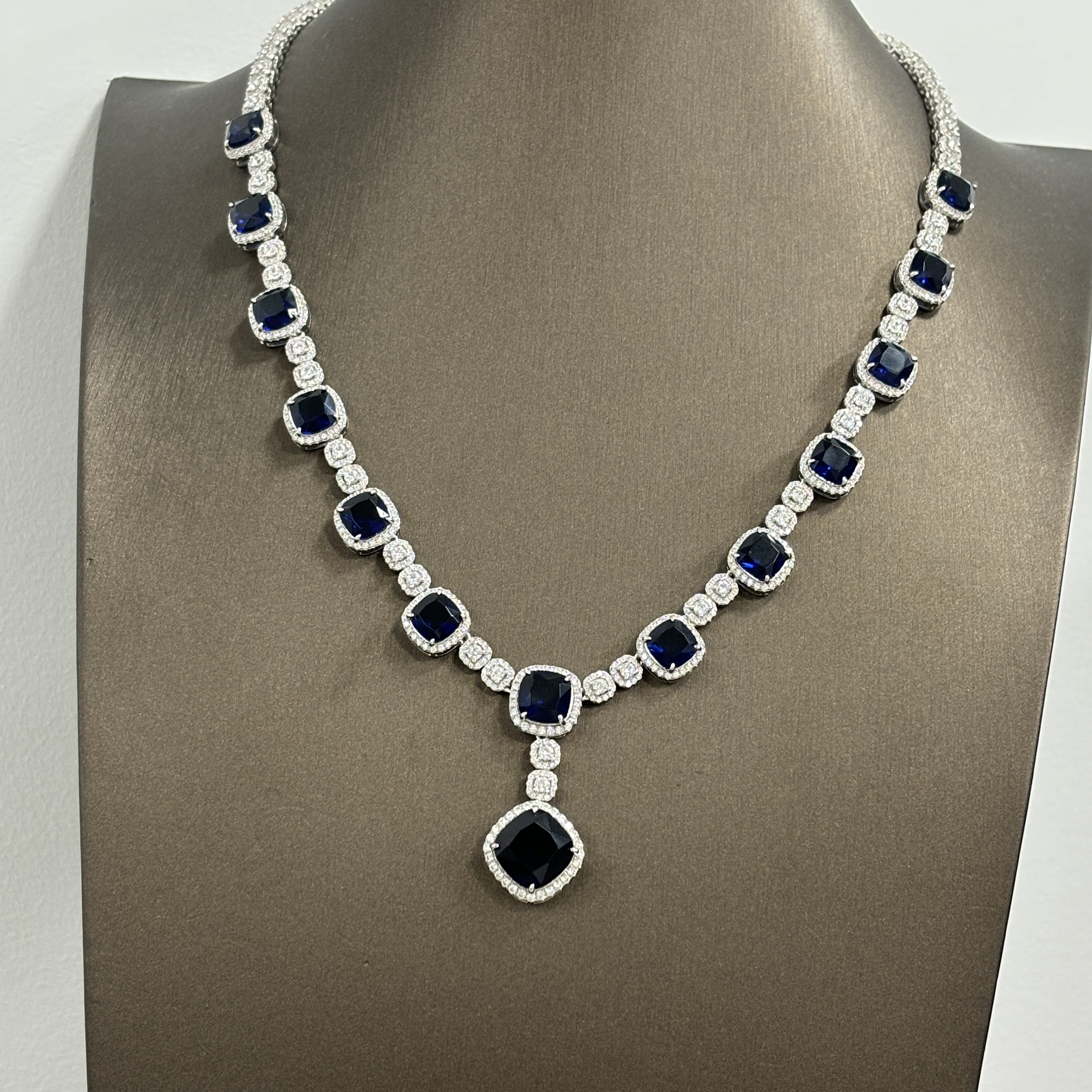 Cushion Cut Blue Sapphire Necklace&Earrings Set/2pcs