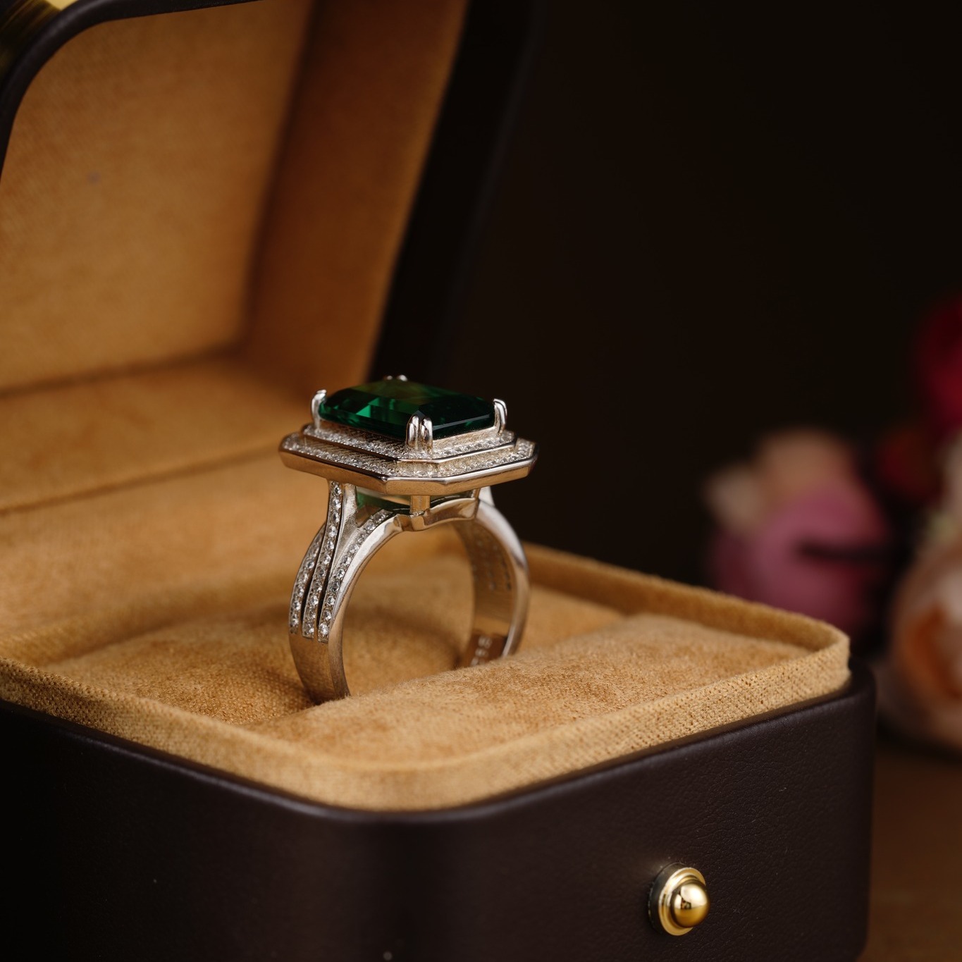 10ct Double Halo Emerald Cut Emerald Sapphire Engagement Ring
