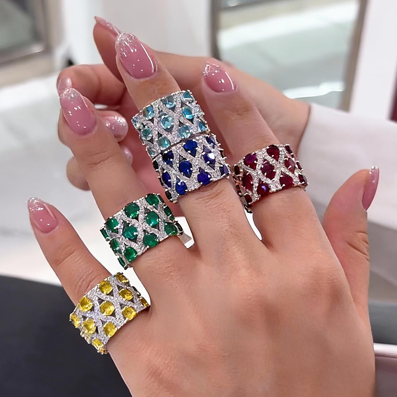 Grid Pattern Multi-Color Sapphire Round Cut Wide Wedding Band