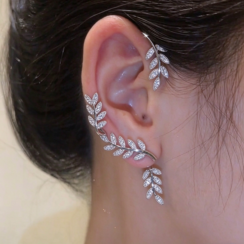 Round Cut White Sapphire Leaf Ear Climber Earrings - 1 Pair (2 Color Options)