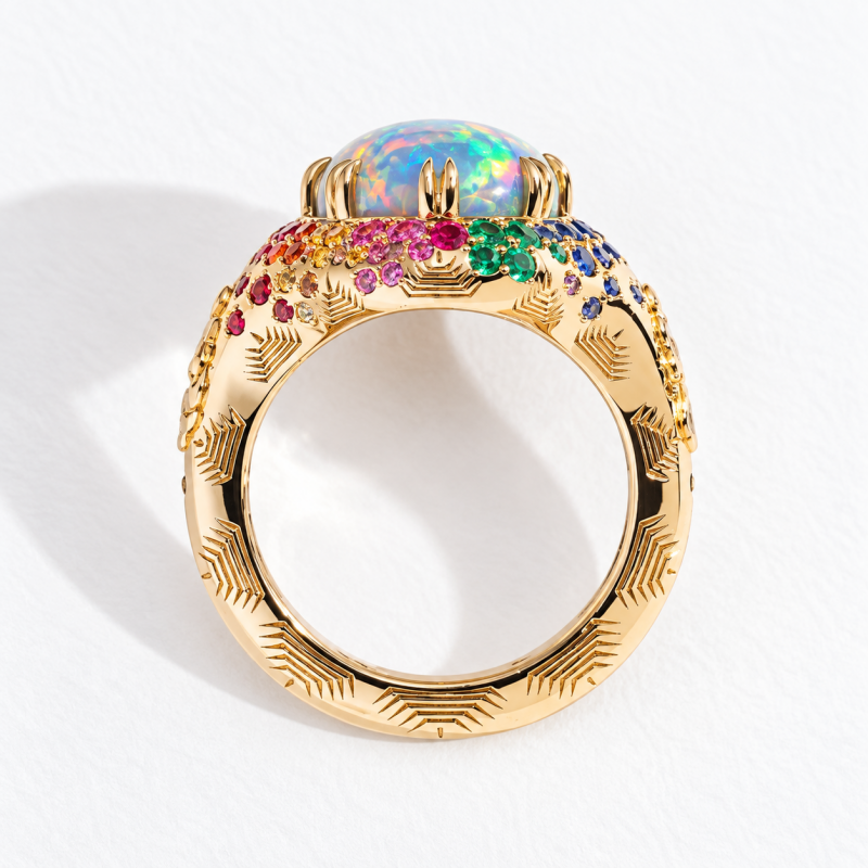 Art 6.75ct Oval Cut Opal & Round Cut Multicolor Sapphire Halo Engagement Ring