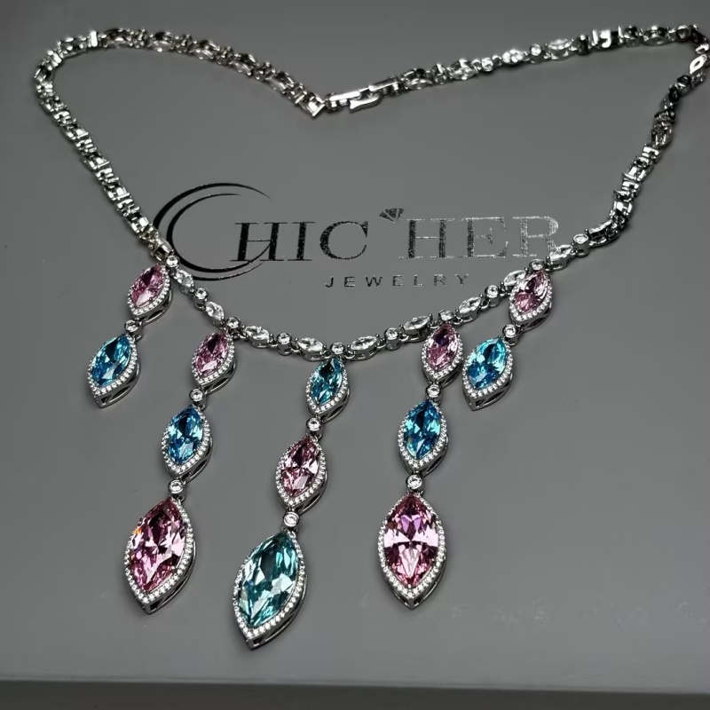 Marquise Cut Pink & Aquamarine Cascading Fringe Statement Necklace