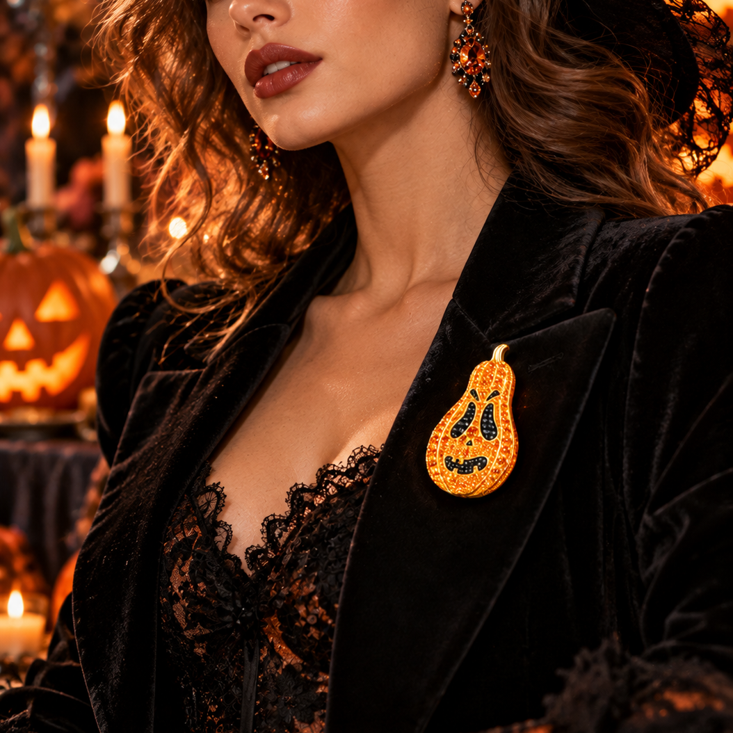 Original Design - Hallowmas Round Cut Orange Sapphire Pumpkin Brooch