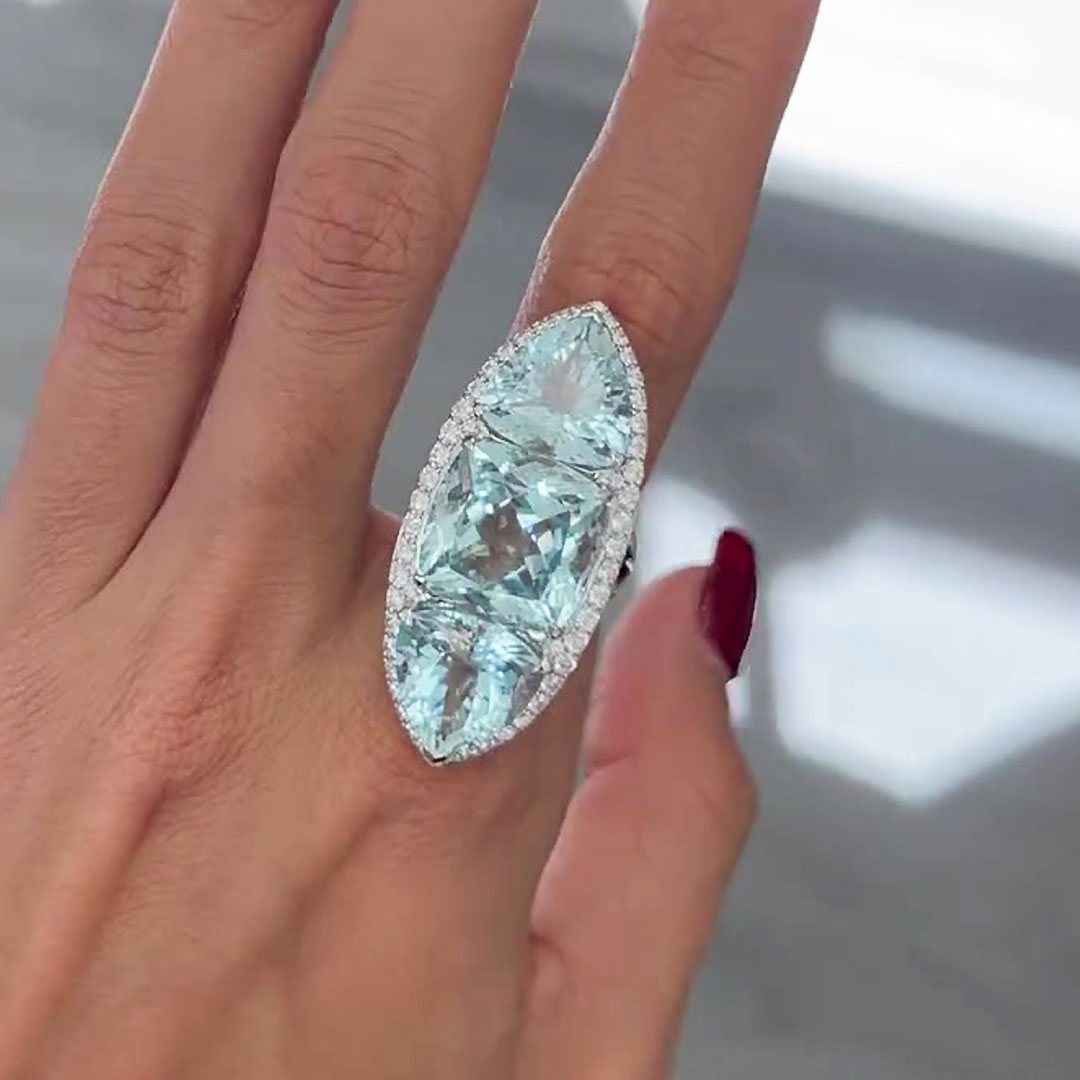 13ct Halo Cushion&Trillion Cut Aquamarine Cocktail Ring